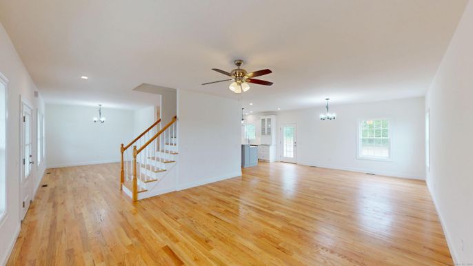 Chandelier, Empty room, Interior, Recessed Lighting, Wood Texture Flooring