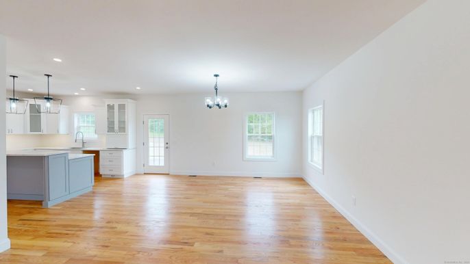 Chandelier, Empty room, Interior, Kitchen, Pendant Lights, Recessed Lighting, Wood Texture Flooring