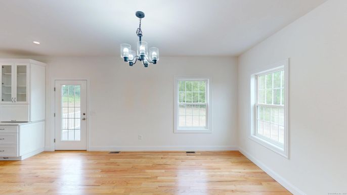 Chandelier, Empty room, Interior, Recessed Lighting, Wood Texture Flooring