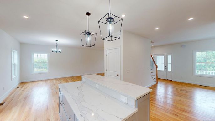 Chandelier, Empty room, Interior, Pendant Lights, Recessed Lighting, Wood Texture Flooring