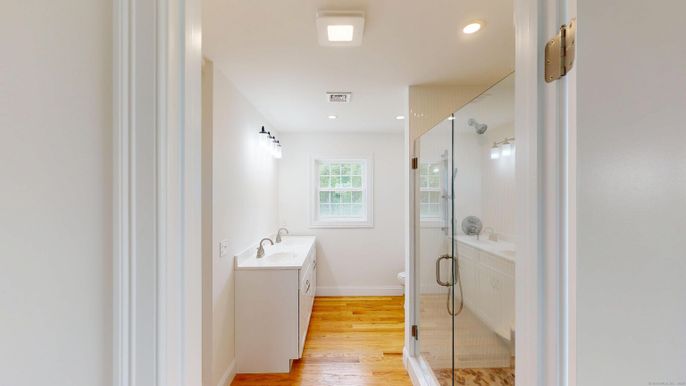 Bathroom, Glass Shower, Interior, Recessed Lighting, Wood Texture Flooring