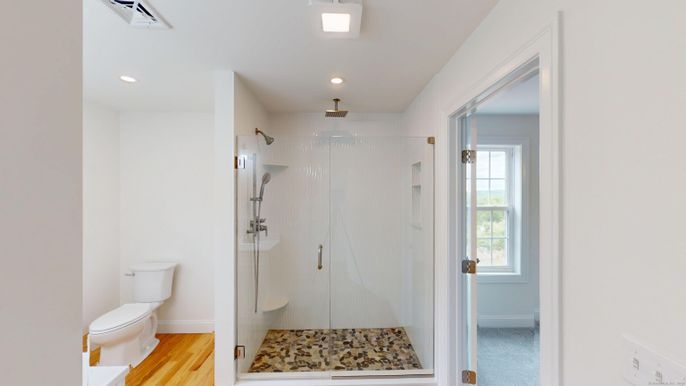 Bathroom, Glass Shower, Interior, Recessed Lighting, Wood Texture Flooring