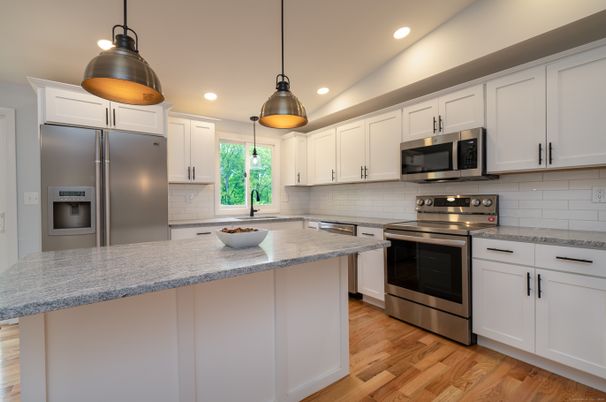 Interior, Kitchen, Pendant Lights, Recessed Lighting, Stainless Steel Appliances, Wood Texture Flooring