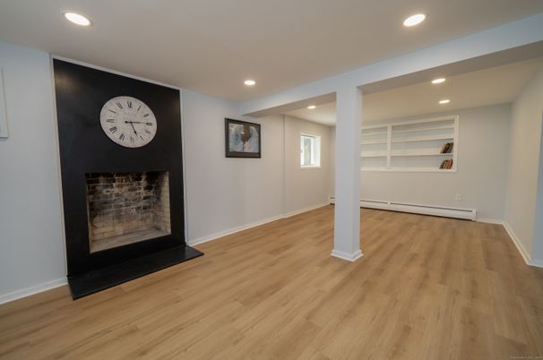 Empty room, Fireplace, Interior, Recessed Lighting, Wood Texture Flooring