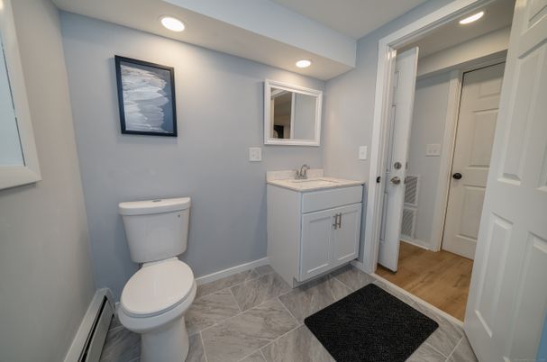 Bathroom, Interior, Marble, Recessed Lighting, Wood Texture Flooring