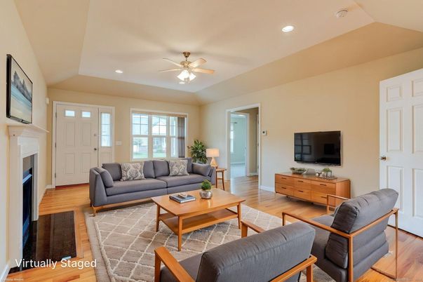 Fireplace, Interior, Living room, Recessed Lighting, Wood Texture Flooring