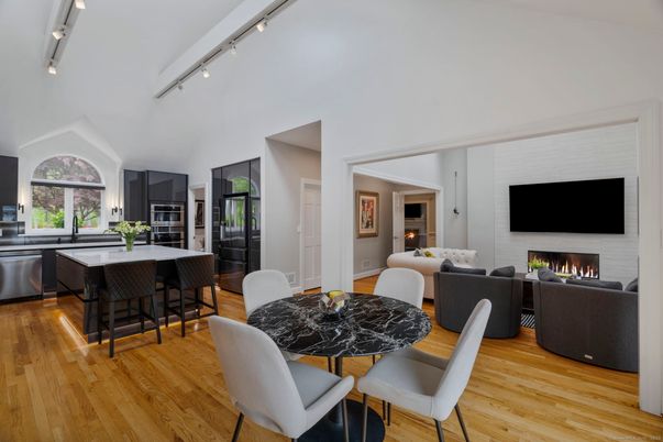 Dining room, Fireplace, Interior, Kitchen, Living room, Stainless Steel Appliances, Wood Texture Flooring