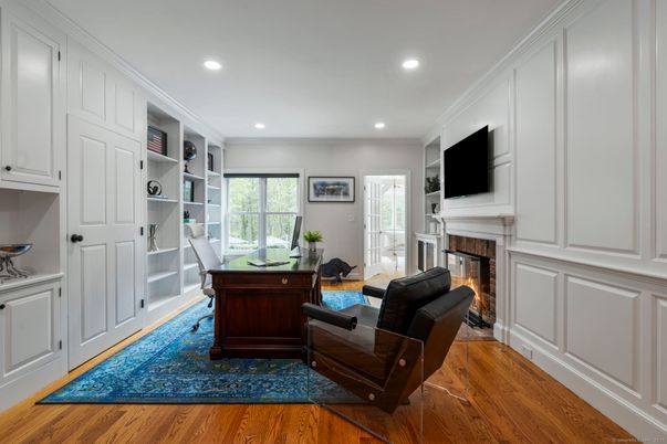 Fireplace, Home Office, Interior, Recessed Lighting, Wood Texture Flooring