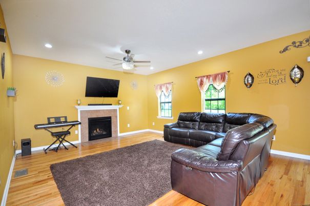 Fireplace, Interior, Living room, Recessed Lighting, Wood Texture Flooring