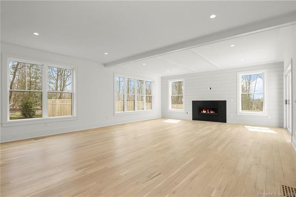 Empty room, Fireplace, Interior, Recessed Lighting, Wood Texture Flooring