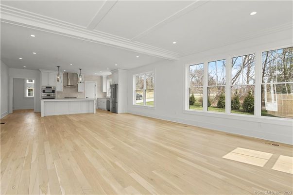 Empty room, Interior, Kitchen, Pendant Lights, Recessed Lighting, Stainless Steel Appliances, Wood Texture Flooring