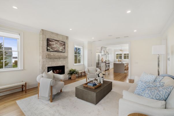 Fireplace, Interior, Kitchen, Living room, Recessed Lighting, Stone Walls, Wood Texture Flooring