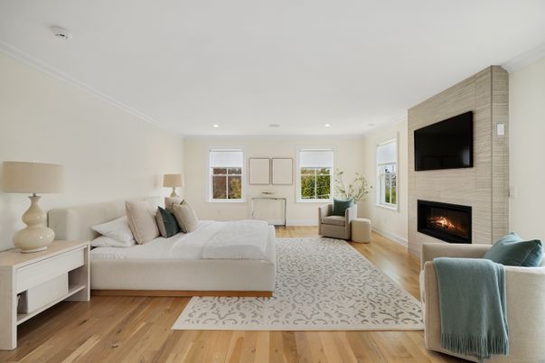 Bedroom, Fireplace, Interior, Living room, Recessed Lighting, Wood Texture Flooring
