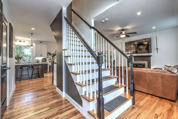 Fireplace, Interior, Kitchen, Living room, Pendant Lights, Recessed Lighting, Wood Texture Flooring