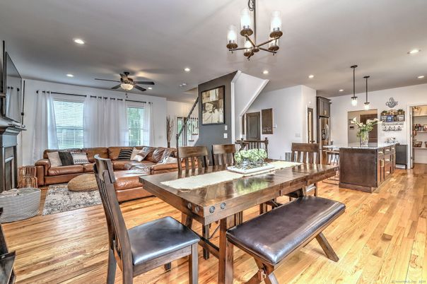 Dining room, Fireplace, Interior, Kitchen, Living room, Pendant Lights, Recessed Lighting, Wood Texture Flooring