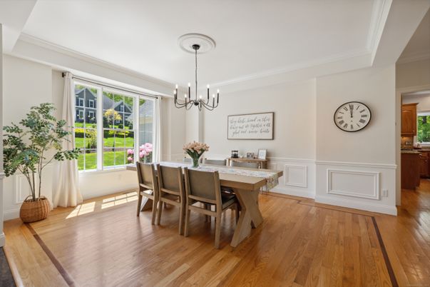 Chandelier, Dining room, Interior, Pendant Lights, Wood Texture Flooring