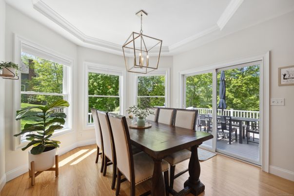 Dining room, Interior, Pendant Lights, Wood Texture Flooring