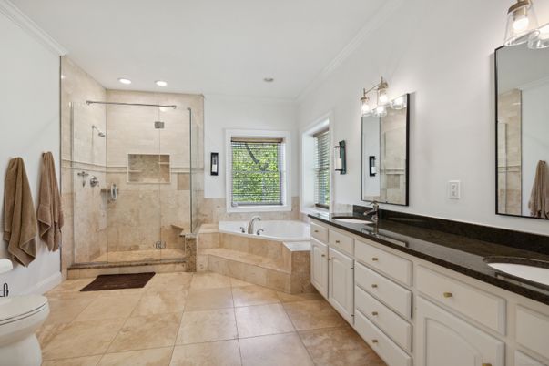 Bathroom, Dual Sink Vanities, Glass Shower, Interior, Recessed Lighting