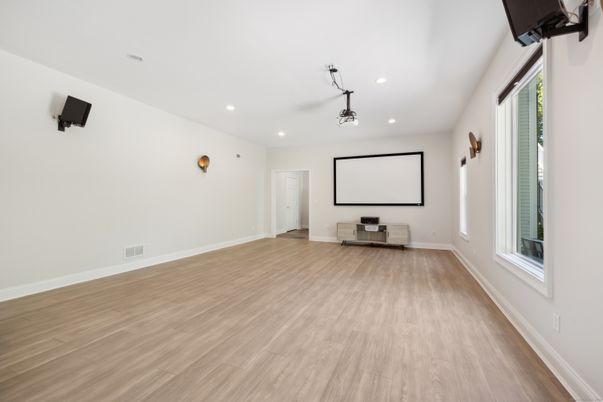 Empty room, Interior, Projection Screen, Recessed Lighting, Wood Texture Flooring