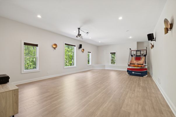 Empty room, Fitness Equipment, Interior, Recessed Lighting, Wood Texture Flooring