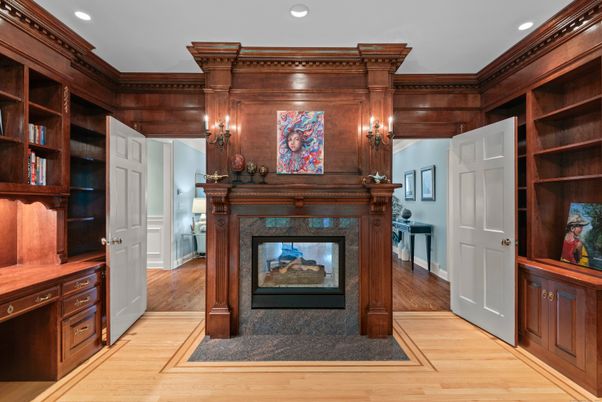 Fireplace, Interior, Recessed Lighting, Wood Texture Flooring, Wooden Walls