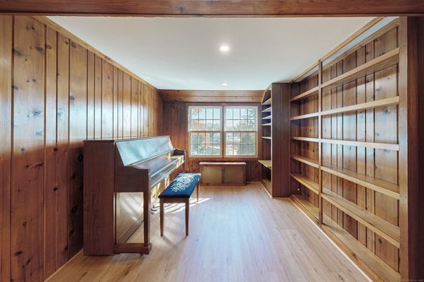 Interior, Piano, Recessed Lighting, Wood Texture Flooring, Wooden Walls
