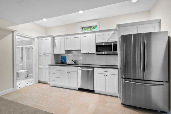 Interior, Kitchen, Recessed Lighting, Stainless Steel Appliances, Wood Texture Flooring