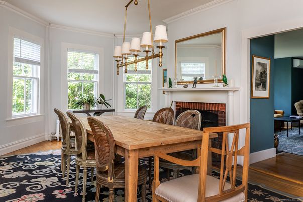 Dining room, Fireplace, Interior, Pendant Lights, Wood Texture Flooring