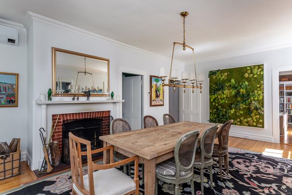 Dining room, Fireplace, Interior, Pendant Lights, Wood Texture Flooring