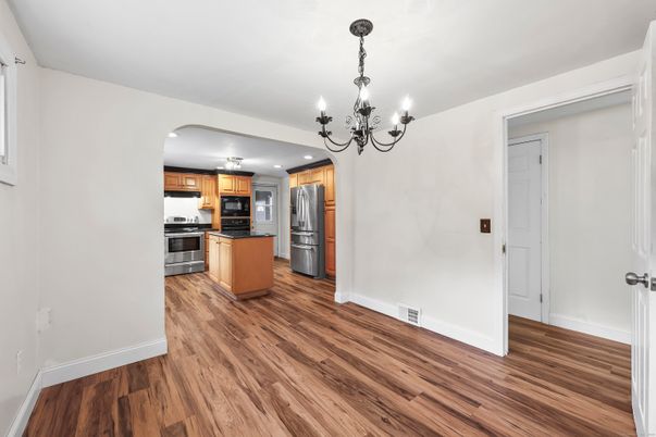 Chandelier, Interior, Kitchen, Stainless Steel Appliances, Wood Texture Flooring