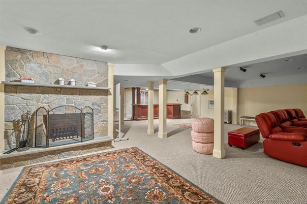 Fireplace, Interior, Recessed Lighting, Stone Walls