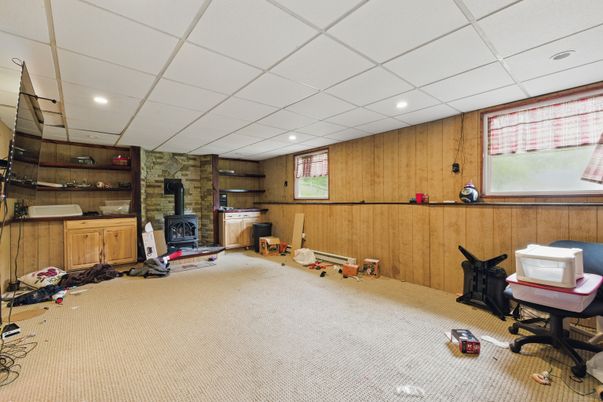 Fireplace, Fitness Equipment, Home Office, Interior, Recessed Lighting, Stone Walls, Wooden Walls
