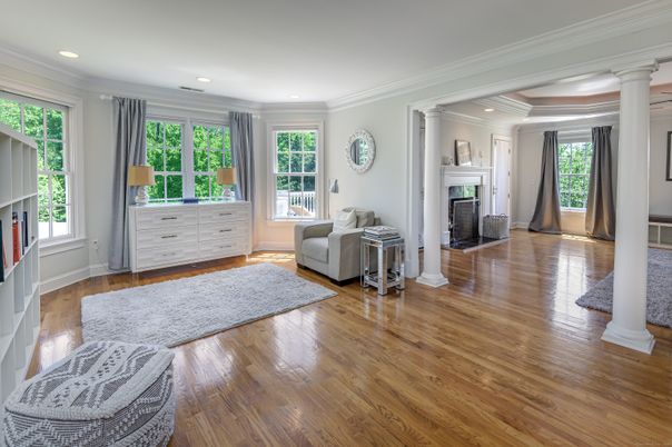 Fireplace, Interior, Recessed Lighting, Wood Texture Flooring