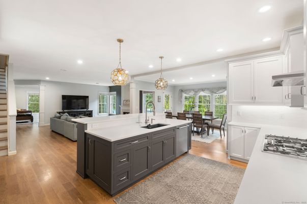 Chandelier, Dining room, Interior, Kitchen, Living room, Pendant Lights, Recessed Lighting, Wood Texture Flooring
