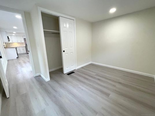 Empty room, Interior, Kitchen, Recessed Lighting, Wood Texture Flooring