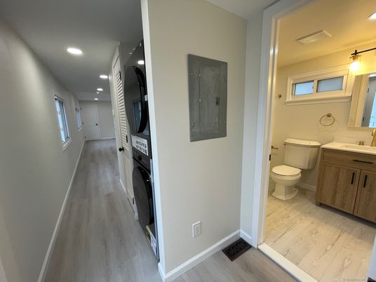 Bathroom, Interior, Recessed Lighting, Wood Texture Flooring