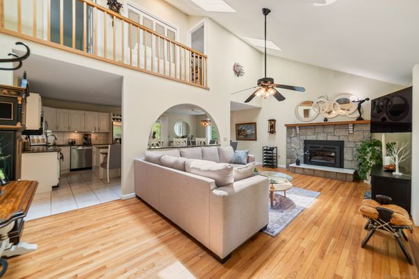 Fireplace, Interior, Kitchen, Living room, Wood Texture Flooring