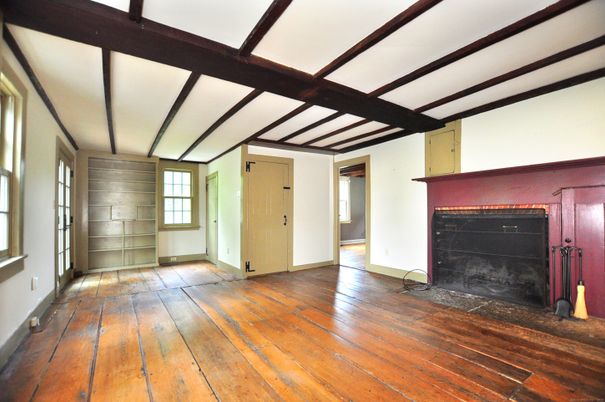 Empty room, Fireplace, Interior, Wooden Beams, Wood Texture Flooring