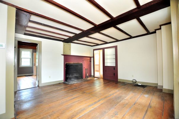 Empty room, Fireplace, Interior, Wooden Beams, Wood Texture Flooring