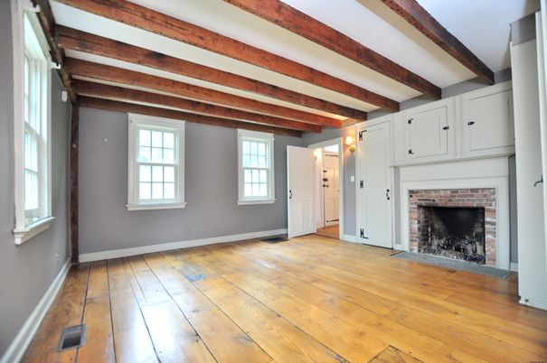 Empty room, Fireplace, Interior, Wooden Beams, Wood Texture Flooring