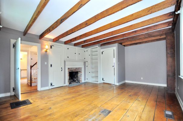 Empty room, Fireplace, Interior, Wooden Beams, Wood Texture Flooring