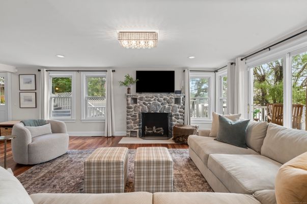 Fireplace, Interior, Living room, Recessed Lighting, Wood Texture Flooring