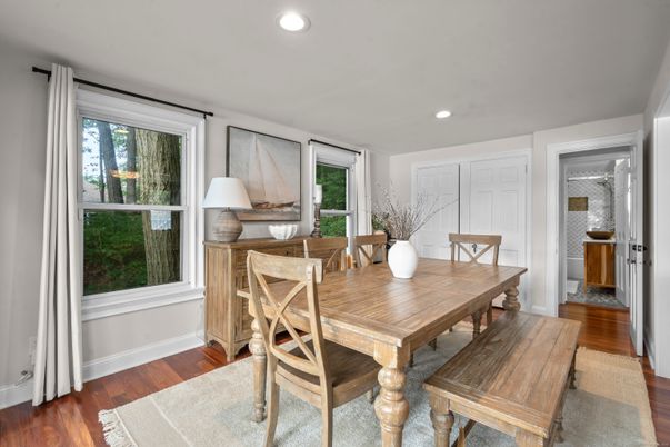 Dining room, Interior, Recessed Lighting, Wood Texture Flooring