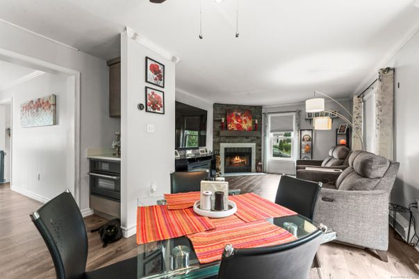 Dining room, Fireplace, Interior, Living room, Wood Texture Flooring