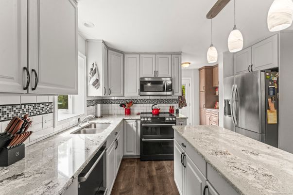 Interior, Kitchen, Pendant Lights, Stainless Steel Appliances, Wood Texture Flooring