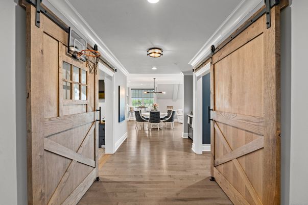 Dining room, Interior, Pendant Lights, Recessed Lighting, Wood Texture Flooring