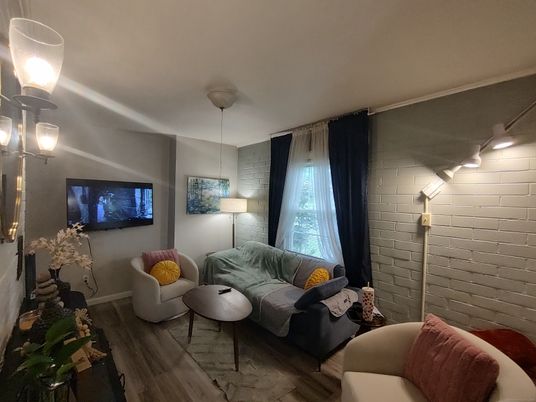Interior, Living room, Pendant Lights, Stone Walls, Wood Texture Flooring