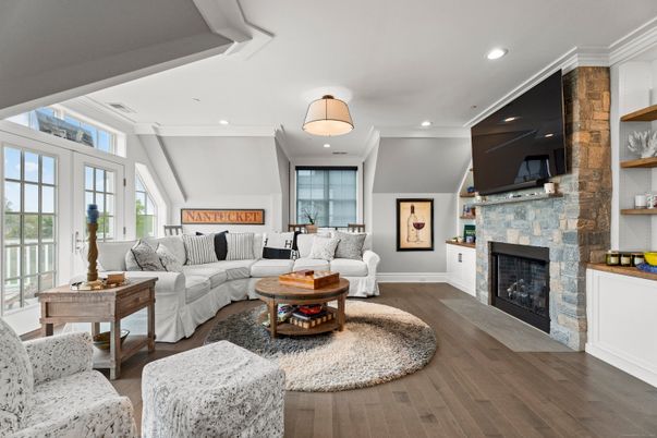 Fireplace, Interior, Living room, Recessed Lighting, Wood Texture Flooring