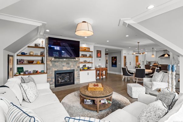 Dining room, Fireplace, Interior, Kitchen, Living room, Pendant Lights, Recessed Lighting, Wood Texture Flooring
