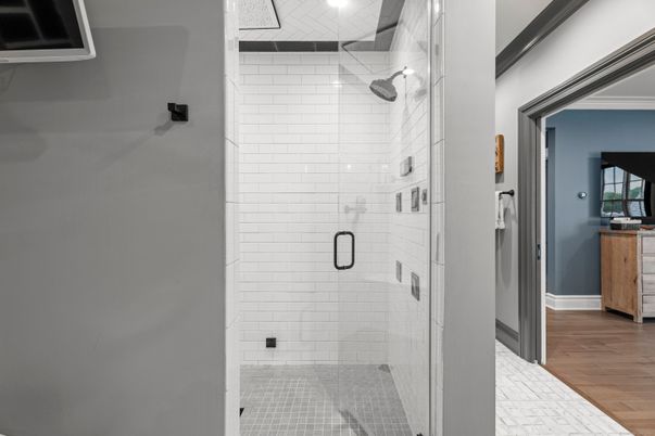 Bathroom, Glass Shower, Interior, Wood Texture Flooring